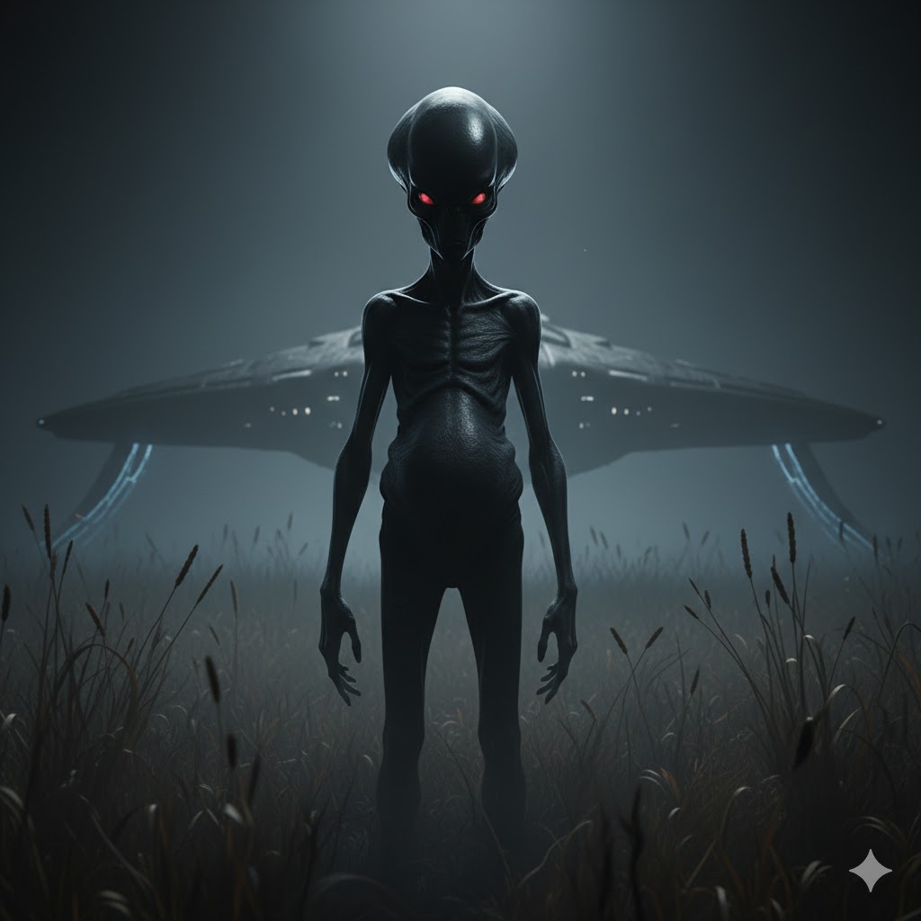 A 2-meter tall Black Grey alien with obsidian skin standing in a dark field with a wing-shaped craft in the background.