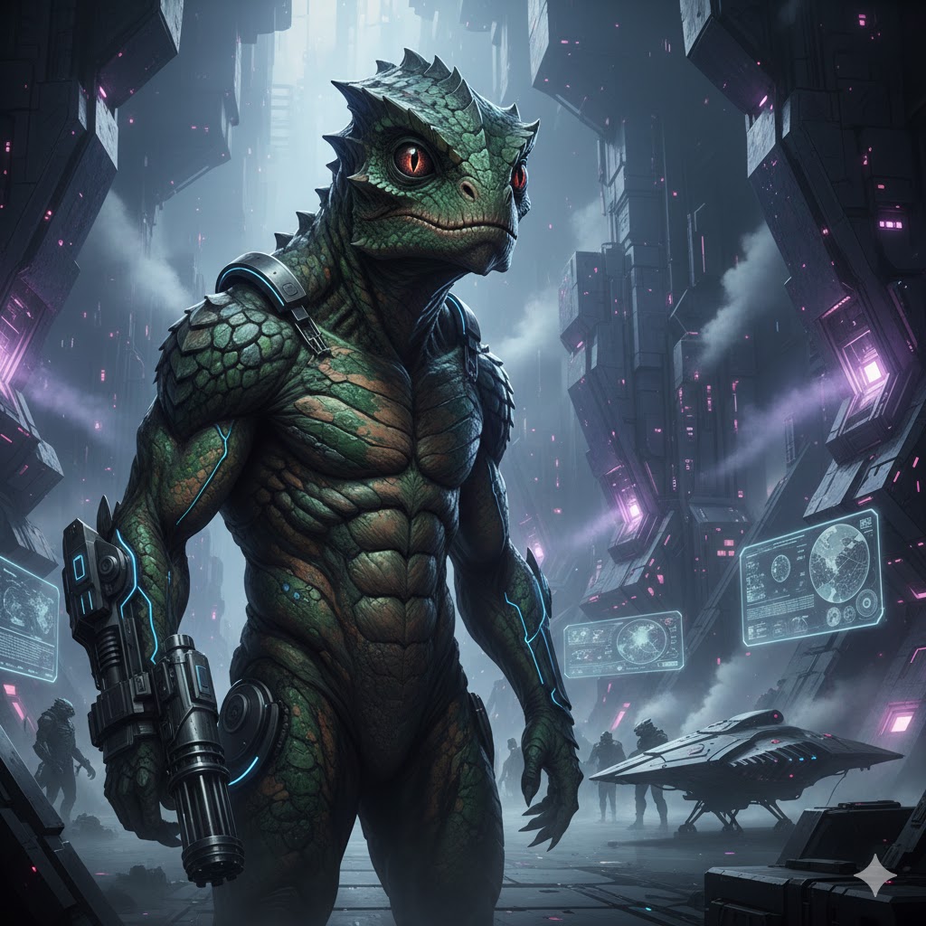 A 7-foot Bootean Reptilian warrior with chameleon-like skin in a high-tech subterranean facility.