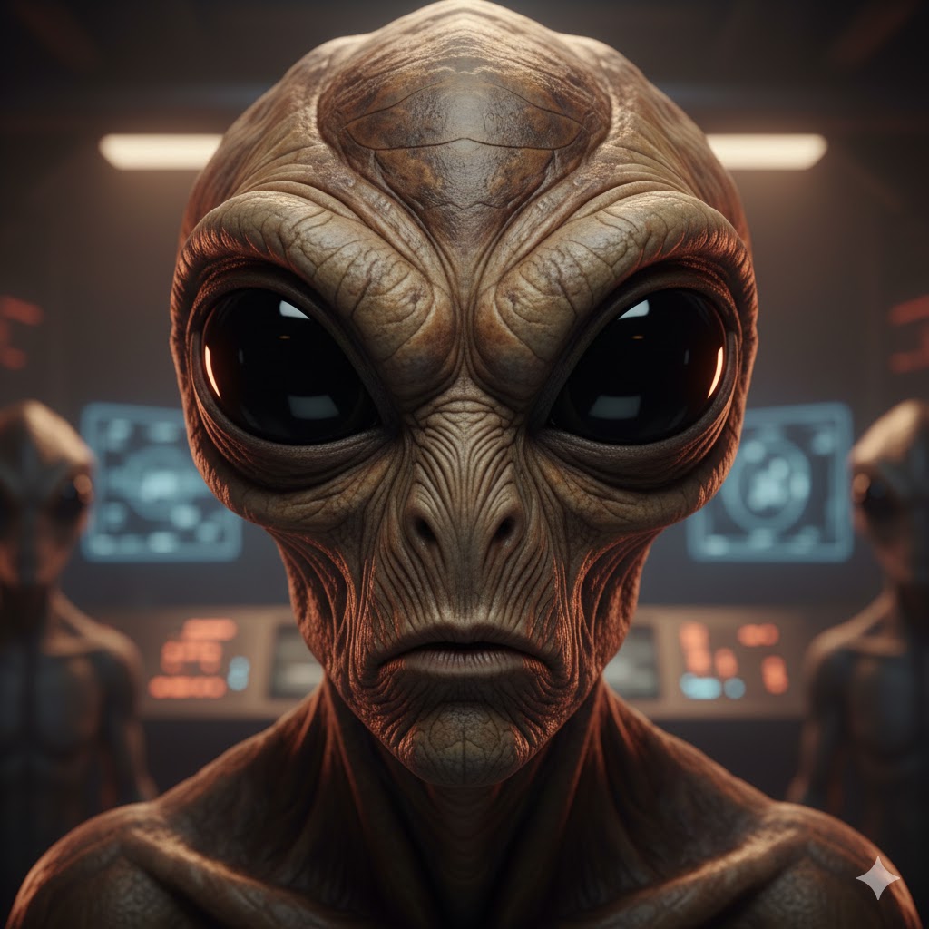 Detailed portrait of a Brown Grey alien with leathery skin and almond eyes.
