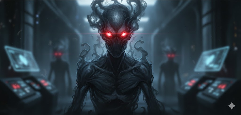 A Buttah shadow entity with glowing red eyes and smoke-like protrusions in a high-tech facility.