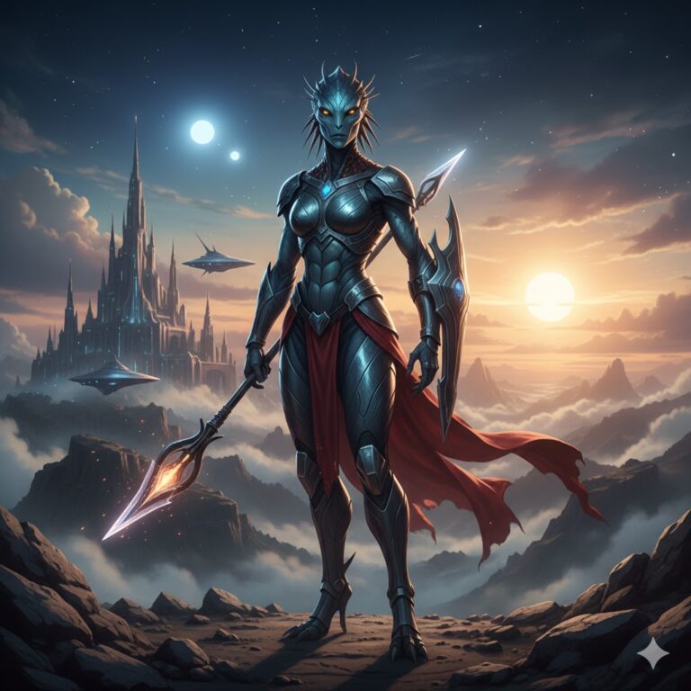 A Cappellan Female Warrior with blue reticulated skin and advanced armor on Alpha Aurigae.