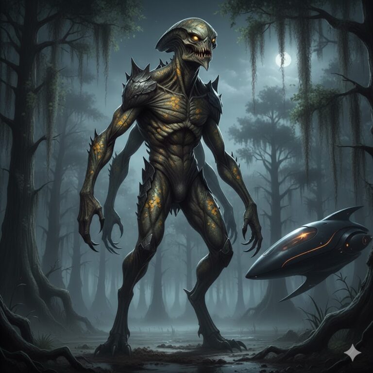 A 3-meter tall four-armed Caraveldi alien standing in a misty swamp near New Orleans.