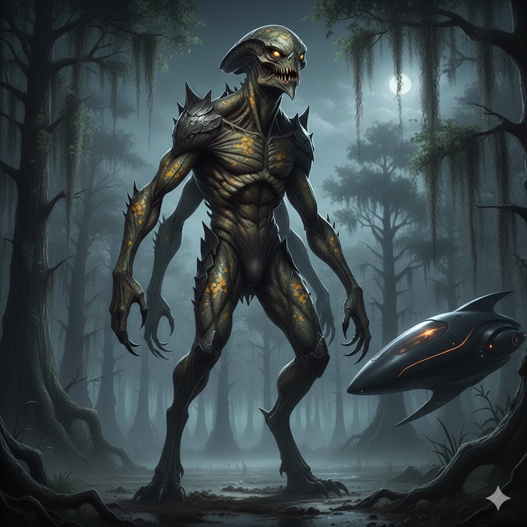 A 3-meter tall four-armed Caraveldi alien standing in a misty swamp near New Orleans.