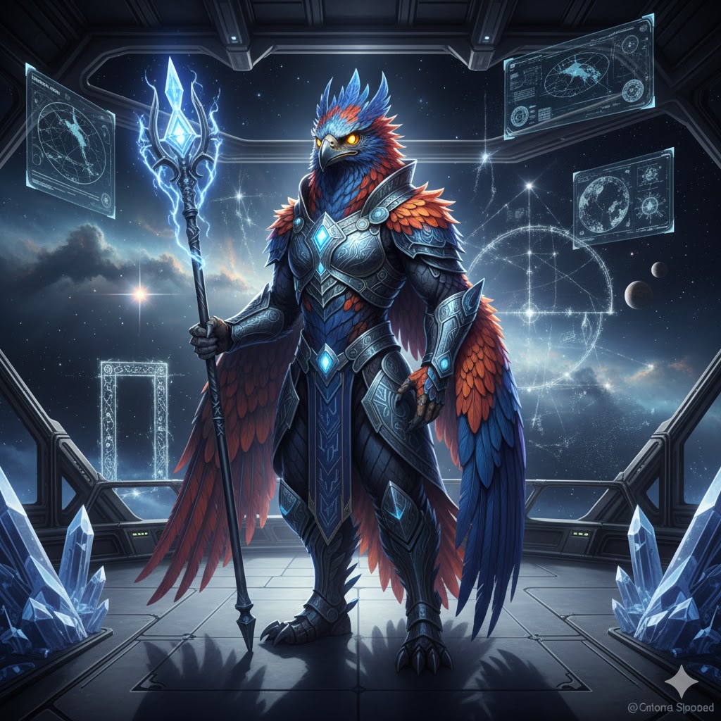A 12-foot Carian Commander with blue and orange plumage on a starship bridge.