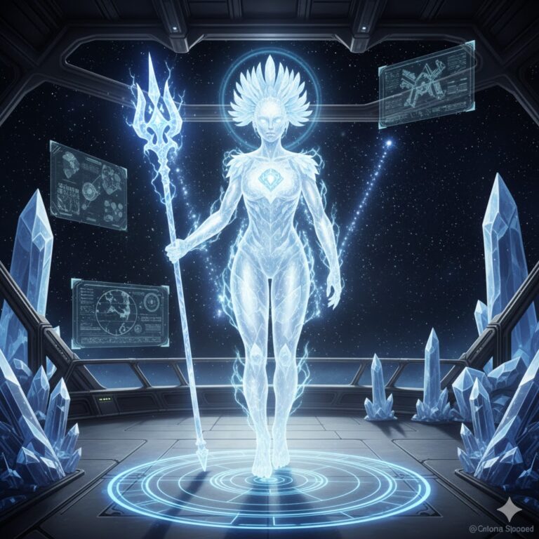 Cassiopeian Light Being with crystalline staff on an interdimensional bridge.