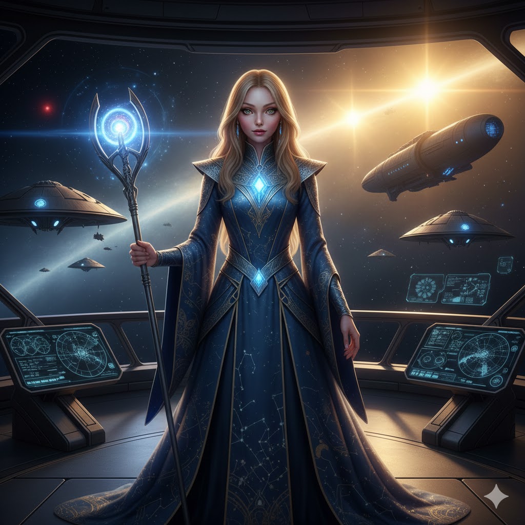 A Centaurian Humanoid Diplomat on a starship bridge overlooking Alpha Centauri.
