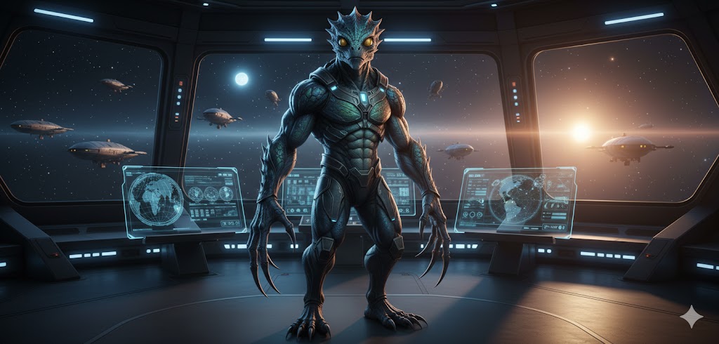 Centurian Reptoid from Alpha Centauri with blue and green scaly skin on a Federation Command Ship