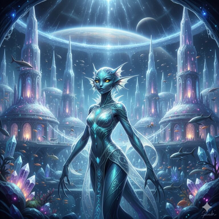Cetacean Alien Diplomat from Sirius B in an underwater crystalline city with bioluminescent architecture.