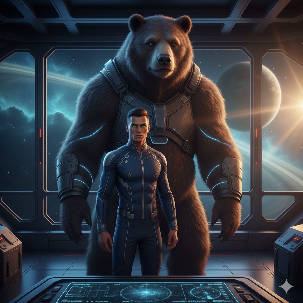 Tau Cetian Humanoid and a 12-foot Bear-like Mammaloid in a spaceship command center.