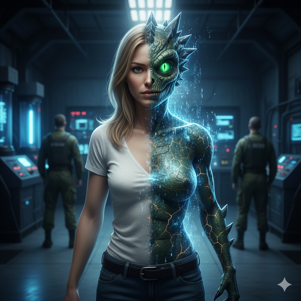 Chameleon alien mid-transformation from human to reptilian with holographic flickering effects