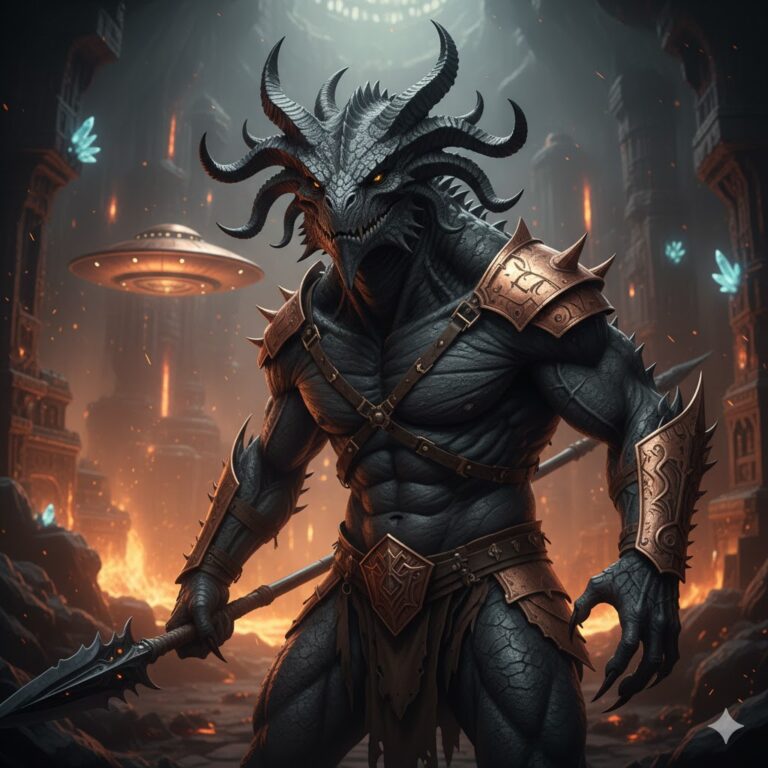 Warrior Chitauli with horns and reptilian features in an ancient African temple.