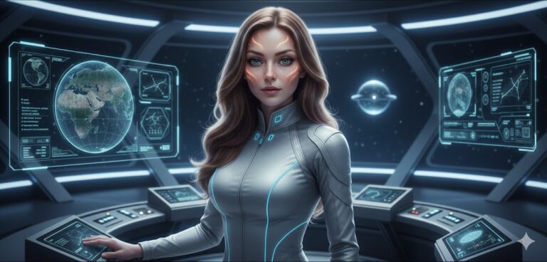 Clarion alien female with radiant skin and human features inside a high-tech Aquilan spacecraft.