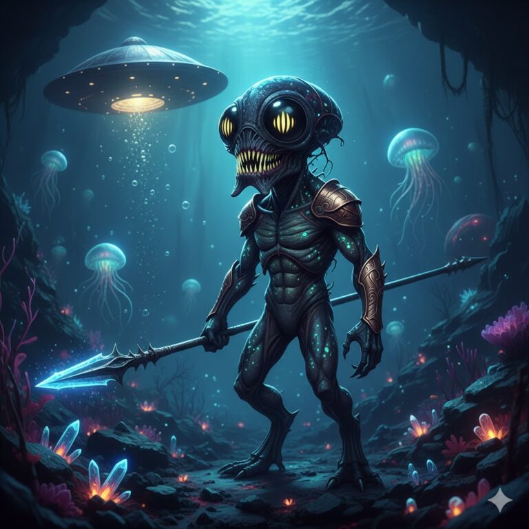 Cygnusian alien with dark oily skin and bulging eyes standing in an underwater base near a disc-shaped craft.