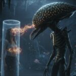 Depanoid alien with a chitinous exoskeleton and oversized bug head performing an energy harvest on a human subject.
