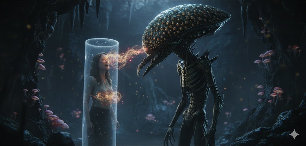 Depanoid alien with a chitinous exoskeleton and oversized bug head performing an energy harvest on a human subject.