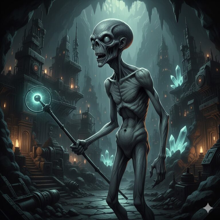 Deviant subterranean alien with pale skin and distorted features holding an ancient telepathic mech-rod in a cavern city.