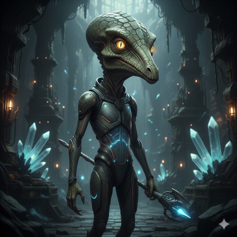 Dinosauroid alien illustration with a large skull, cat-like eyes, and reptilian skin in a subterranean crystal cavern.