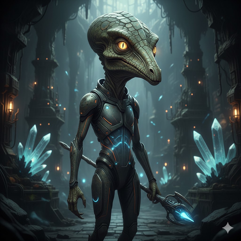 Dinosauroid alien illustration with a large skull, cat-like eyes, and reptilian skin in a subterranean crystal cavern.