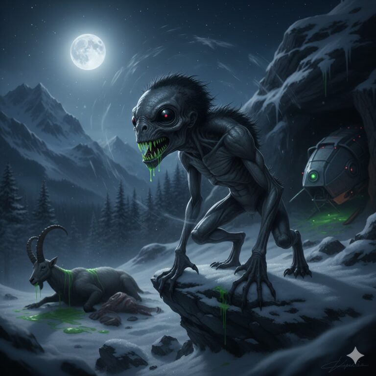 Predatory Dorsay alien in the Alpine moonlight near a metallic craft.