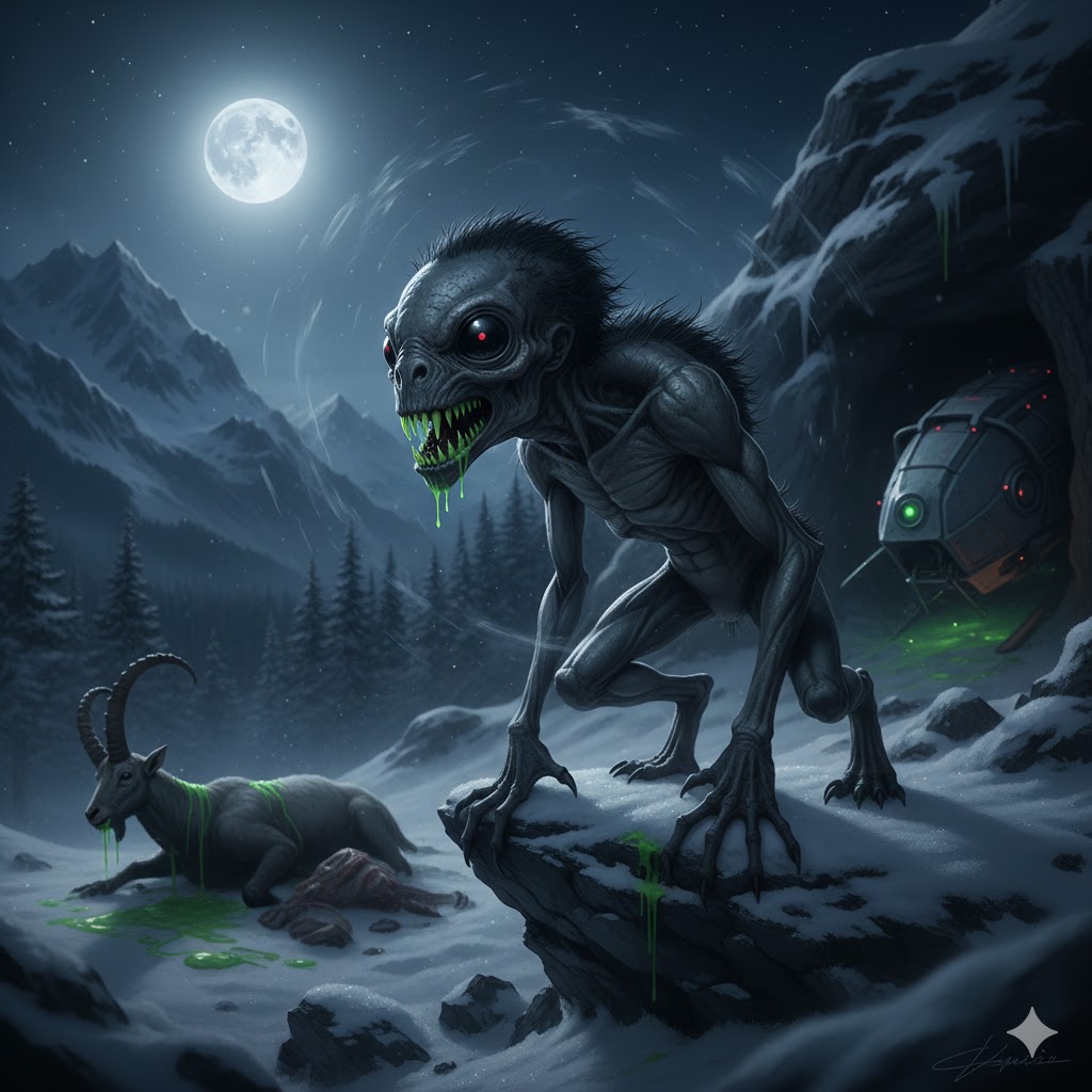 Predatory Dorsay alien in the Alpine moonlight near a metallic craft.