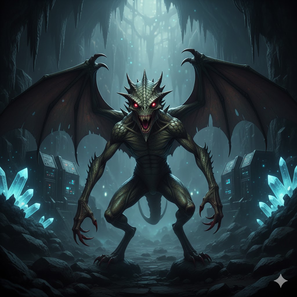 Winged Draconian alien with red eyes and leathery wings in a subterranean cavern.