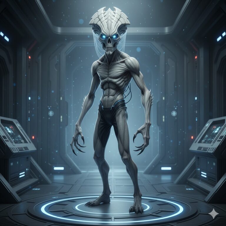 Dries alien from Cetus showing complex skull structure and 2.5-meter height.