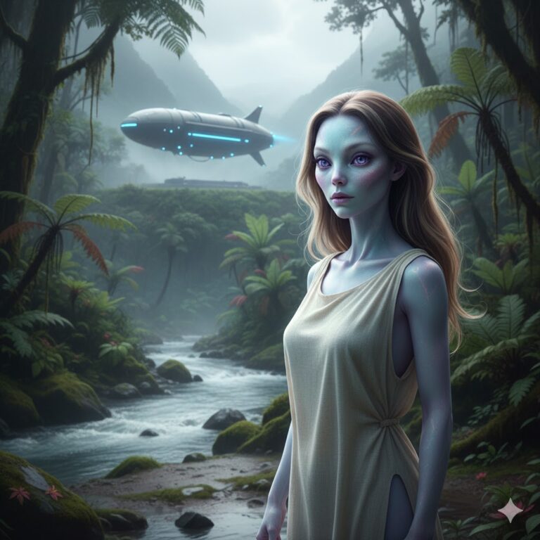 Ectom female alien from the Pleiades with luminous skin and liquid eyes in the Ecuadorian mountains.