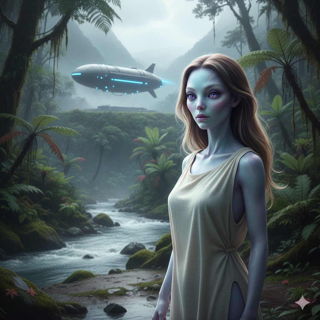 Ectom female alien from the Pleiades with luminous skin and liquid eyes in the Ecuadorian mountains.