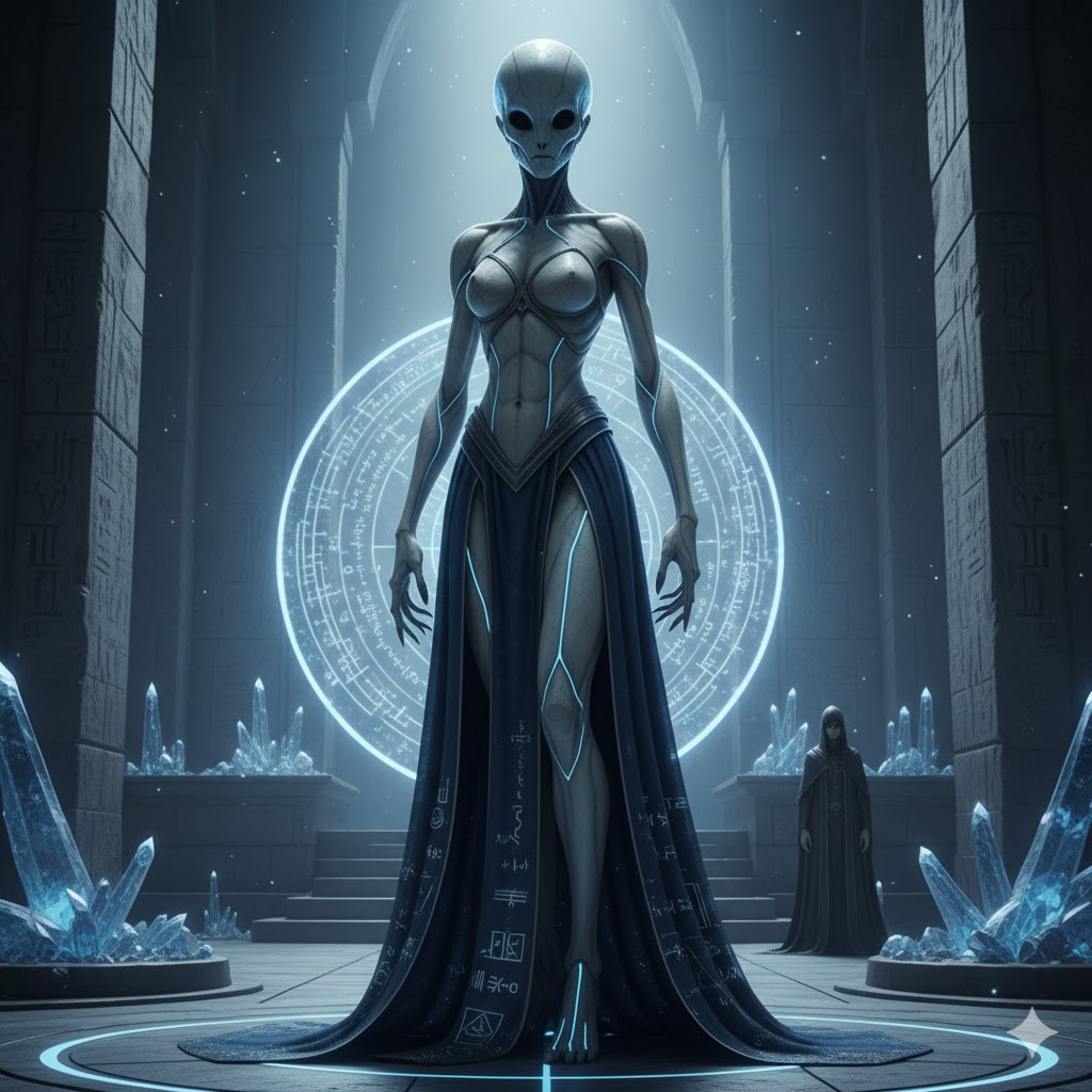 EL-Manouk female alien from the Grus constellation showing tall stature and skull-like head structure.