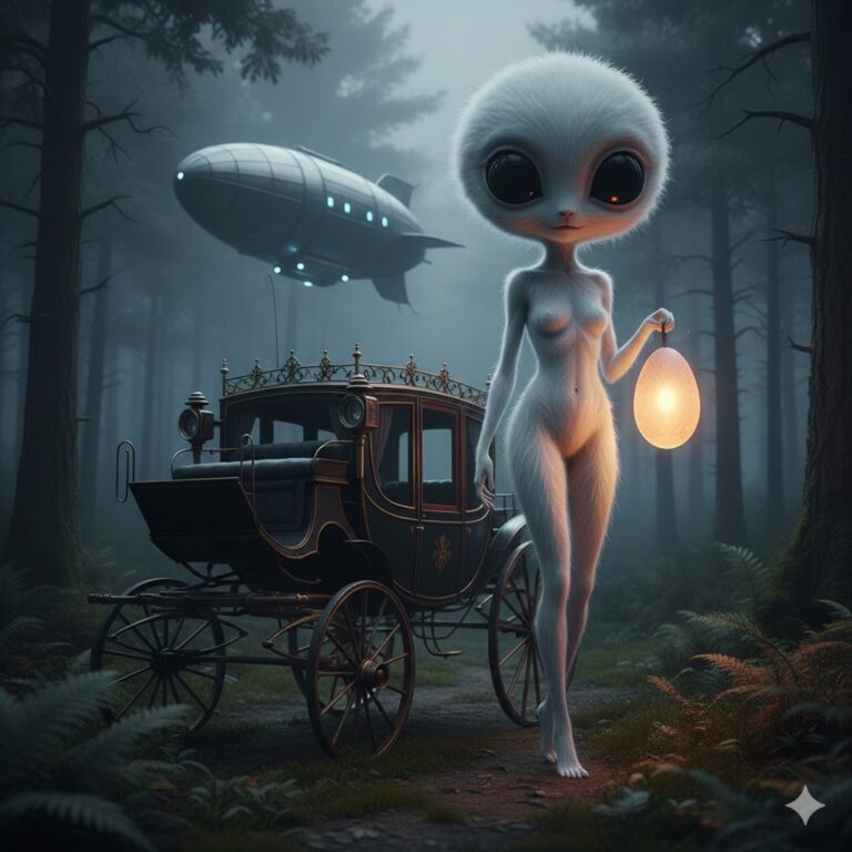 Elegant Humanoid alien from the 1896 Lodi encounter standing near a 19th-century carriage.