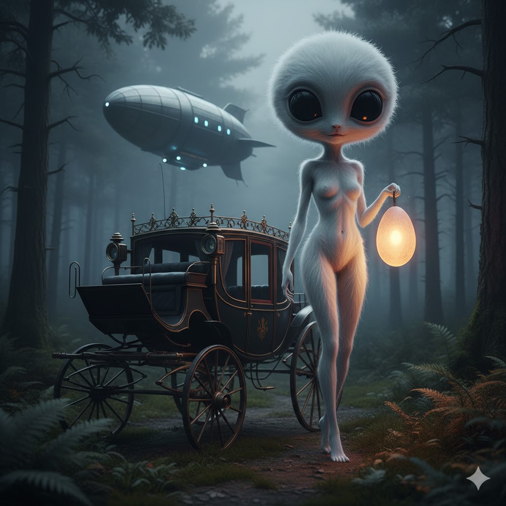 Elegant Humanoid alien from the 1896 Lodi encounter standing near a 19th-century carriage.