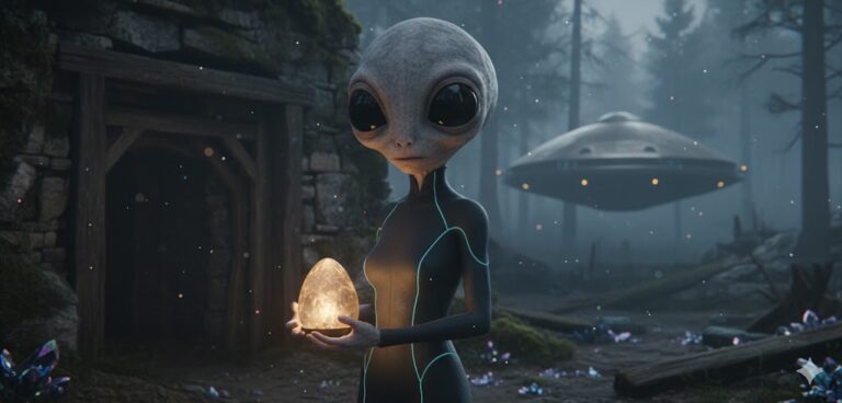 Elffaf female alien from Boötes with rough grey skin and large eyes near a Costa Rica mine.