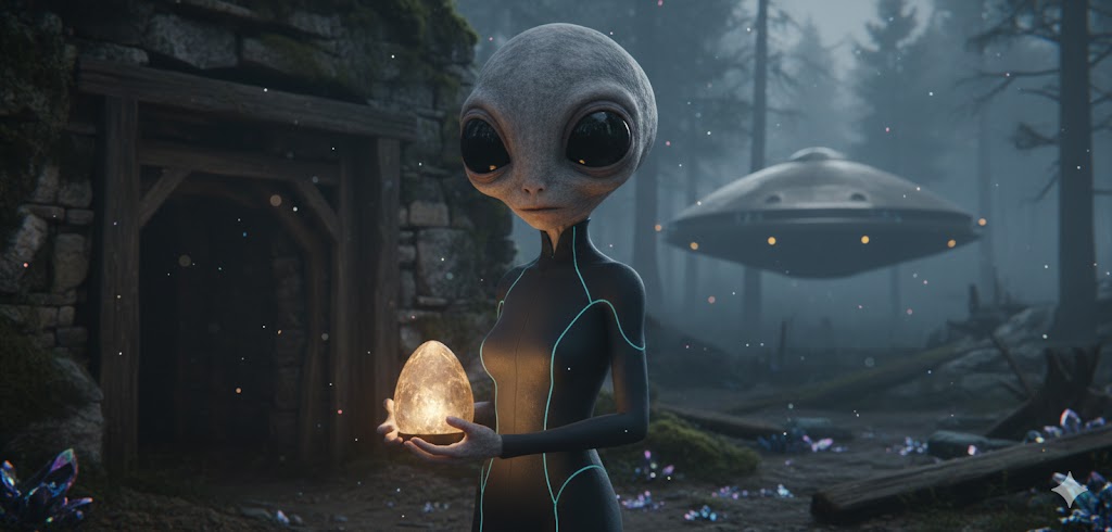 Elffaf female alien from Boötes with rough grey skin and large eyes near a Costa Rica mine.