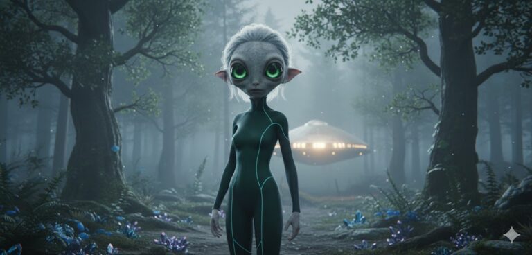 Ellina female alien from Gliese 581 standing in a misty German forest with pointed ears and green eyes.