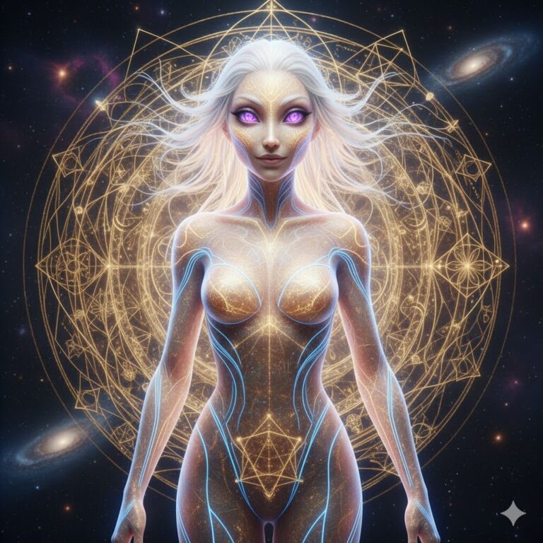 Elohim female founder with radiant translucent skin and violet light eyes in a gold geometric aura.