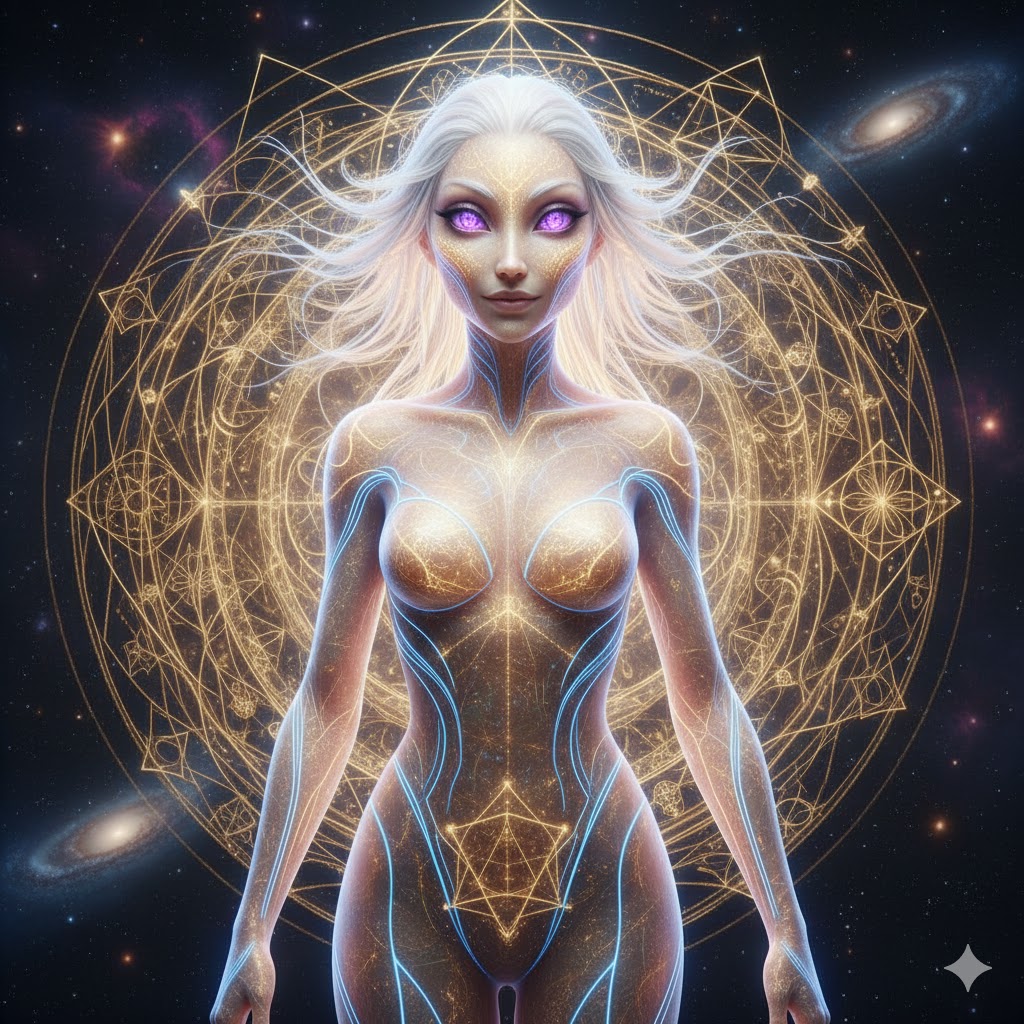 Elohim female founder with radiant translucent skin and violet light eyes in a gold geometric aura.