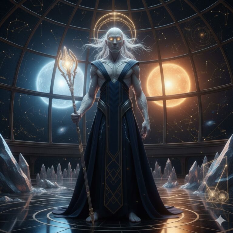 Eternal male alien from Altair with marble skin and gold eyes in a crystalline observatory.