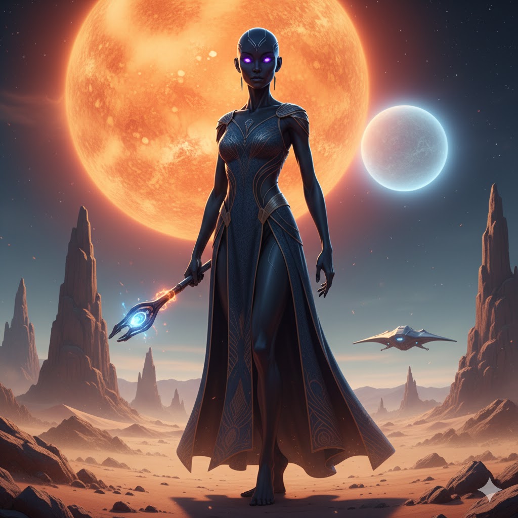 Engan female seeder race statuesque obsidian skin desert planet two suns.