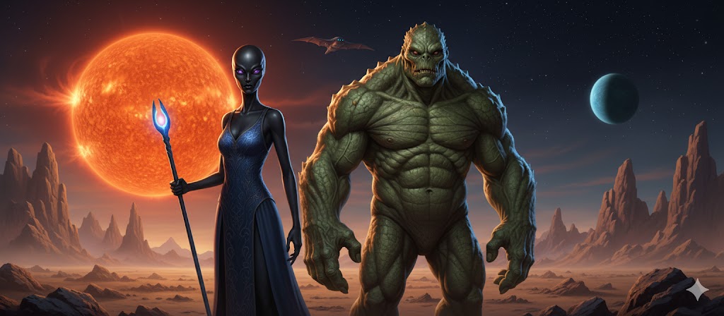 Eridanian giant with wrinkled green skin and a bronze-skinned humanoid from Epsilon Eridani.