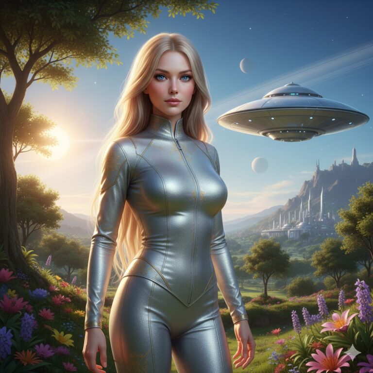 Erran female Semjase Nordic alien with blonde hair standing on planet Erra in the Pleiades Cluster with a silver Beamship.