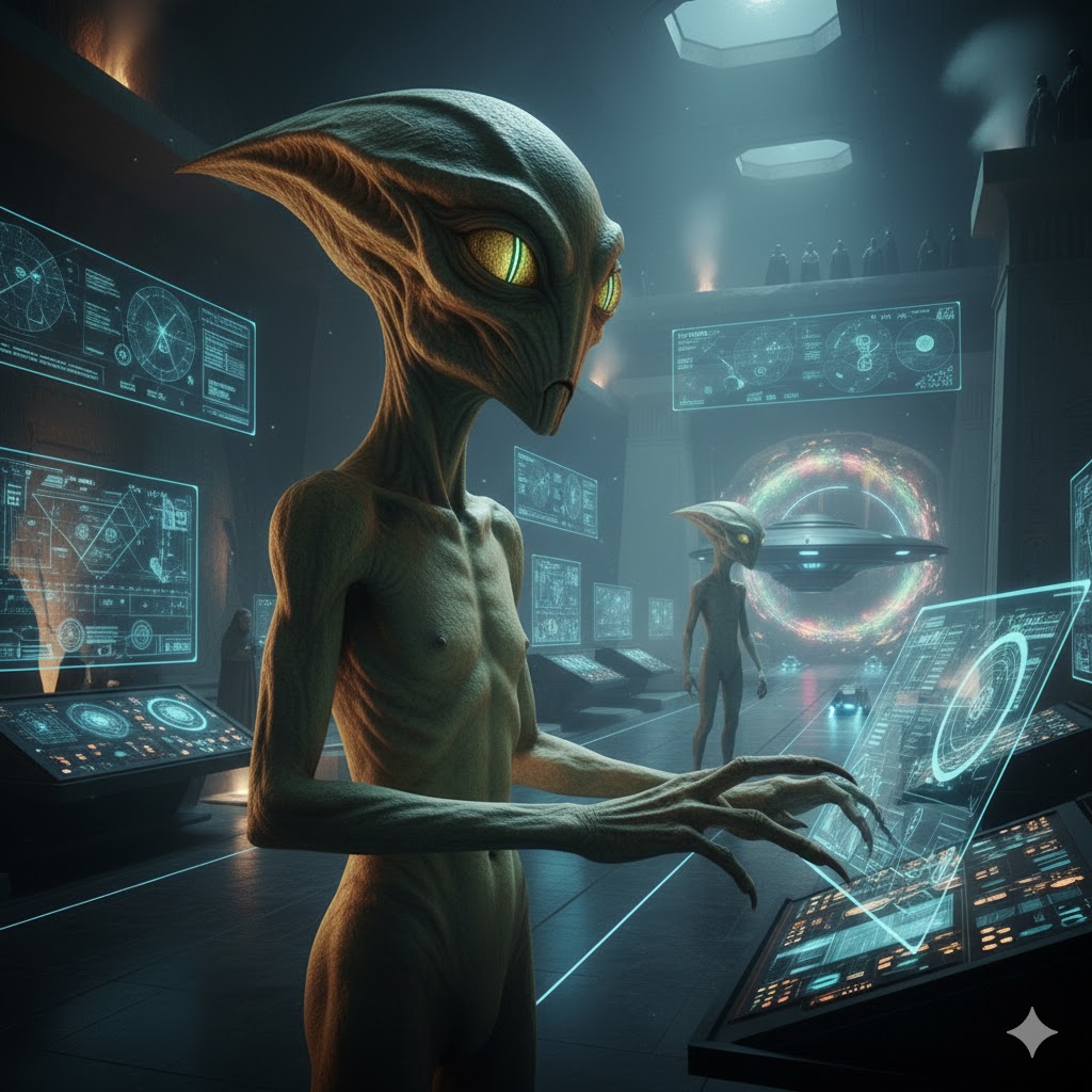 Grails Saurian-Grey alien golden eyes greenish-tan skin Demiurgic technology parallel civilization.