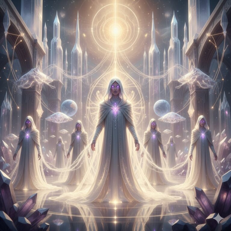 Great White Brotherhood radiant beings white robes crystalline etheric hall Ascended Masters.