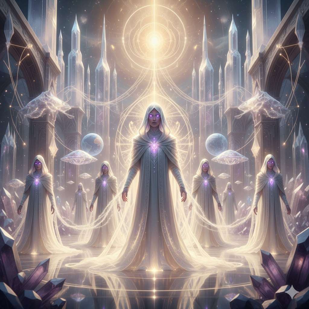 Great White Brotherhood radiant beings white robes crystalline etheric hall Ascended Masters.