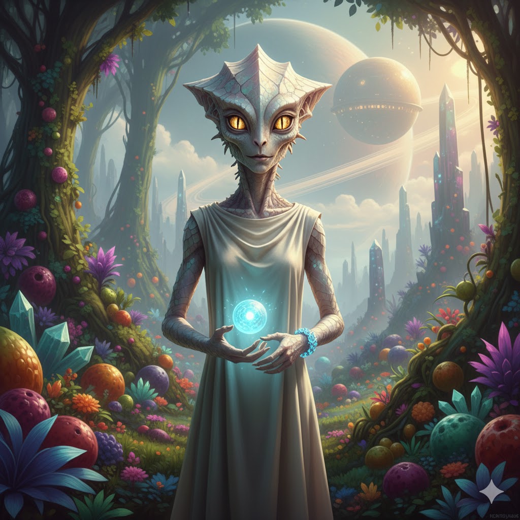 Harus hybrid alien pearly skin golden eyes Planet Krak vegetarian world.