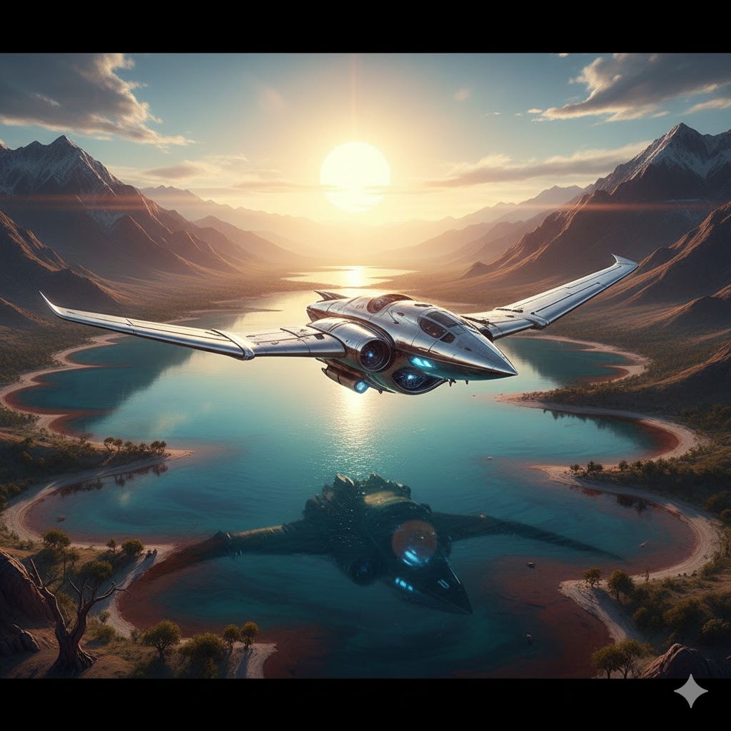 Hav-Musuvs Silvery Eagle aerospace craft flying over ancient Death Valley