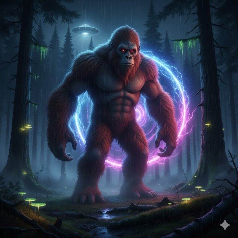 Homin standing near an inter-dimensional forest portal alien type