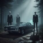 Horlocks Men In Black MIB standing by vintage car in fog