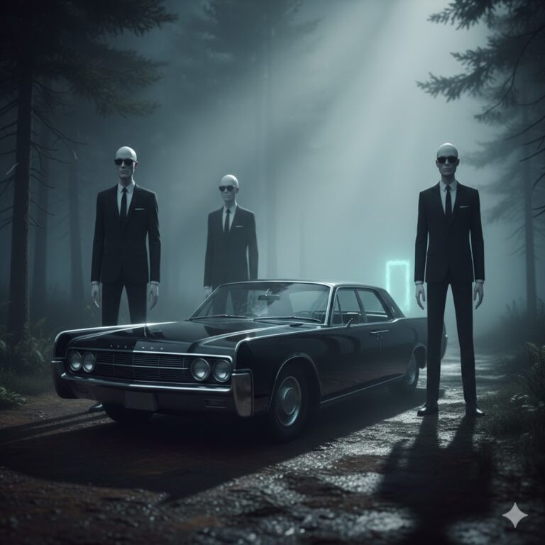 Horlocks Men In Black MIB standing by vintage car in fog