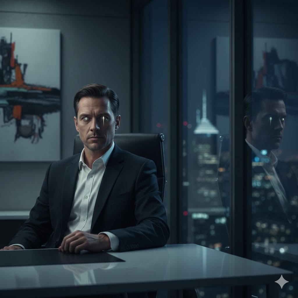 Hu-Brid professional human with reptilian eyes reflecting in window