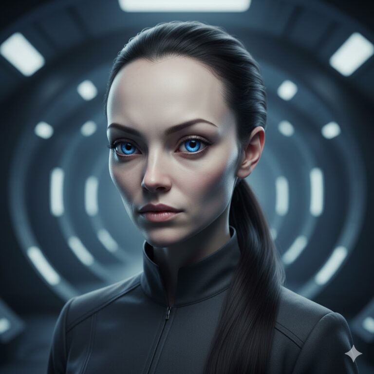 Female Hybrid Grey with high forehead and piercing blue eyes